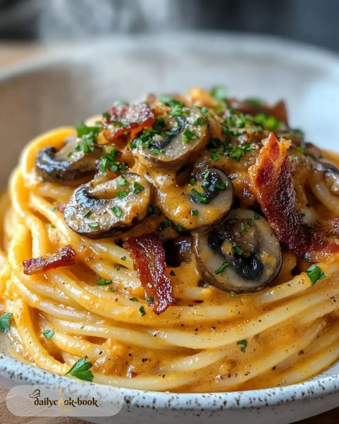 Pumpkin & Mushroom Spaghetti with Crispy Bacon