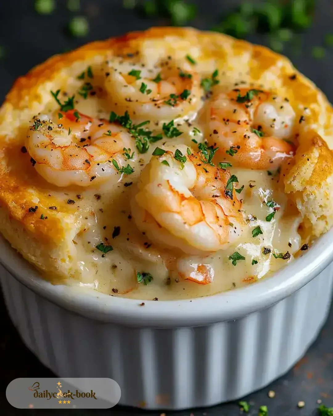 Shrimp and Lobster Cheddar Bay Biscuit Pot Pie served in a rustic dish