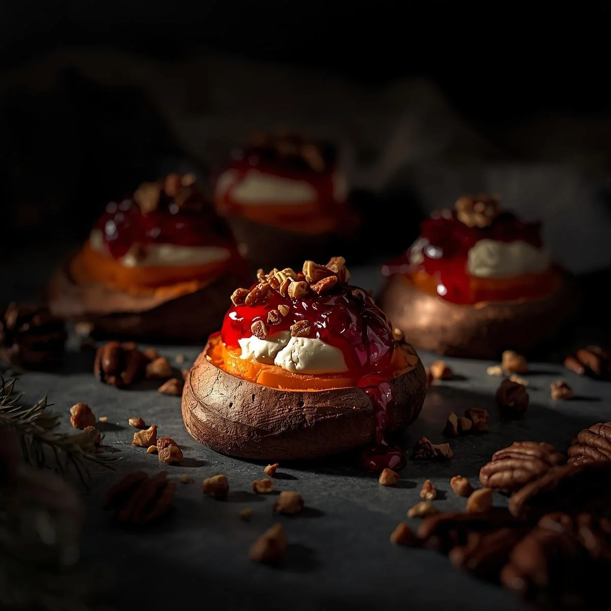 Sweet Potato Rounds with Brie, Cranberry & Pecans